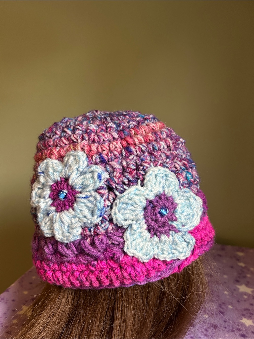 Handcrafted Pink & Purple Crochet Flower Beanie